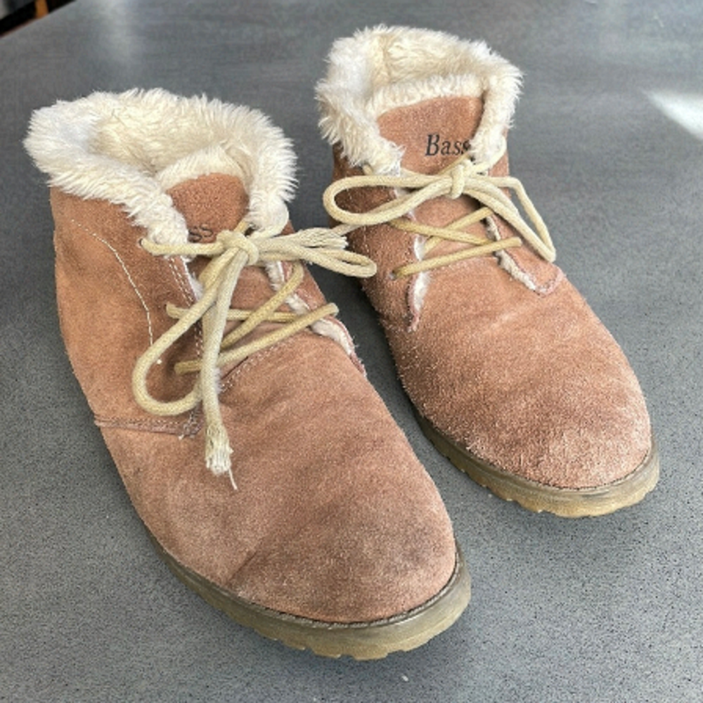 đť…şBASS Womens Katerina Ankle Boots Brown Leather Suede Faux Fur Lined Lace Up